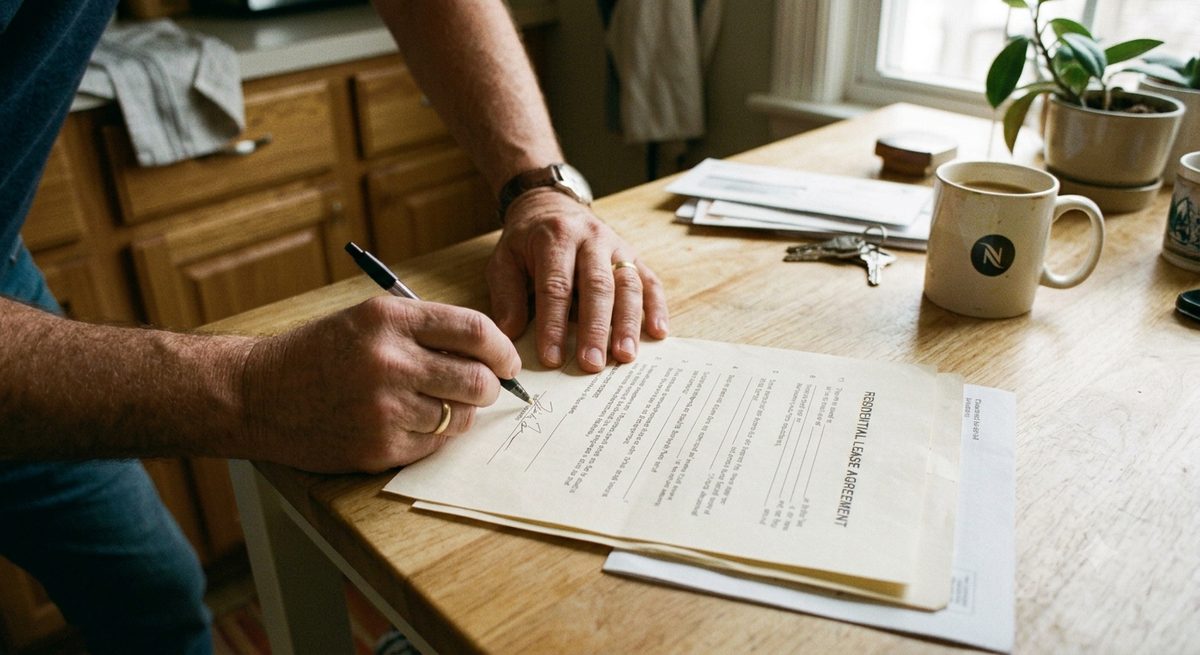 Mobile notary in Menlo Park signing a residential lease agreement at a client's kitchen table